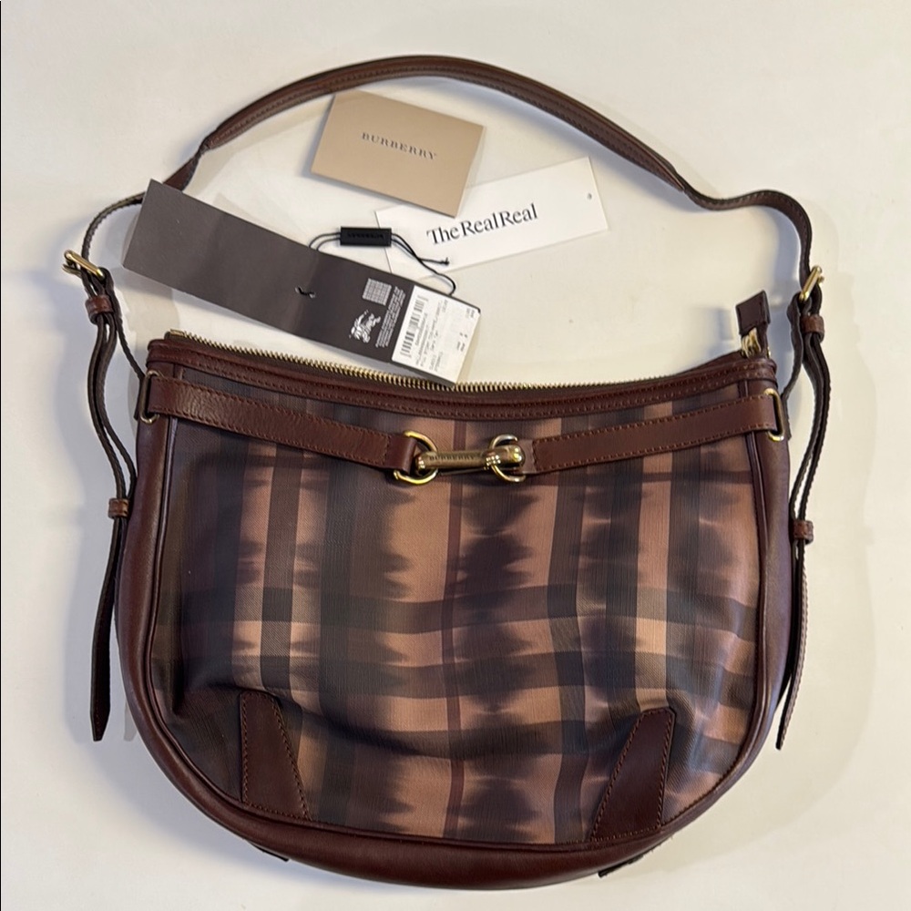 Burberry Exploded Check Pattern Leather Trim Canvas Lining hobo